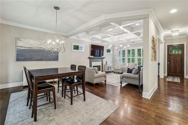 2585 Drew Valley Rd NE, Brookhaven, GA 30319 - dining room with a chandelier, baseboards, wood finished floors, recessed lighting, and coffered ceiling
