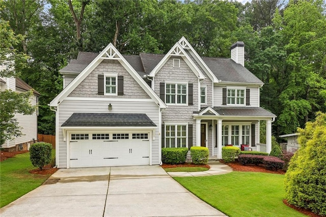 2585 Drew Valley Rd NE, Brookhaven, GA 30319 - view of front of house featuring driveway, a front lawn, a chimney, and a shingled roof