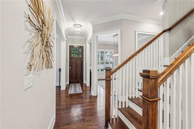2585 Drew Valley Rd NE, Brookhaven, GA 30319 - foyer entrance featuring dark wood-style flooring, stairs, ornamental molding, and baseboards