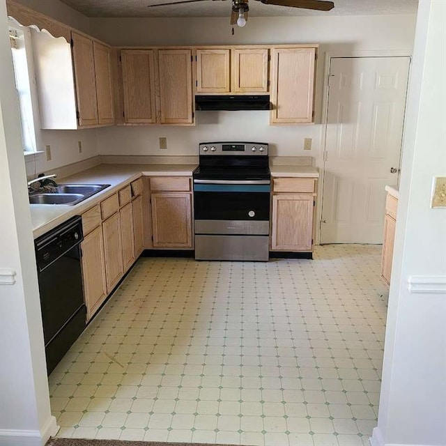 kitchen with light brown cabinets, stainless steel range with electric cooktop, sink, ceiling fan, and black dishwasher