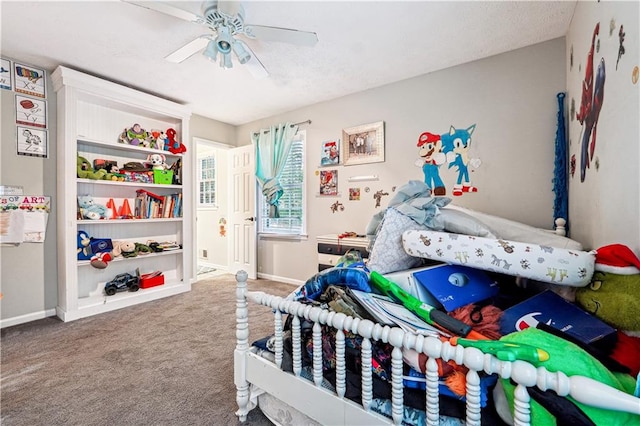 carpeted bedroom featuring ceiling fan