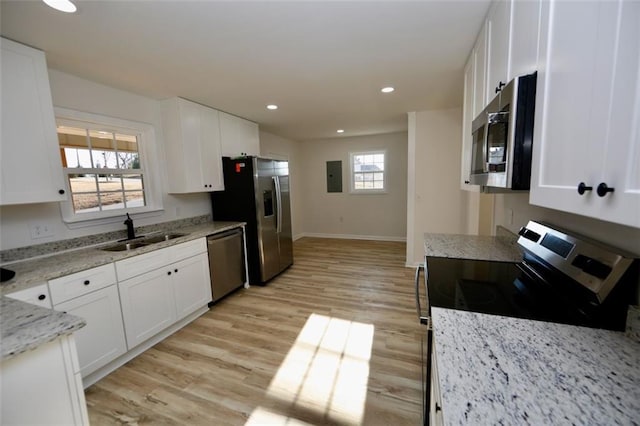 kitchen featuring white cabinetry, sink, light stone countertops, electric panel, and appliances with stainless steel finishes