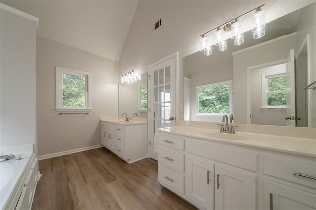 4495 Riders Ridge Trl, Snellville, GA 30039 - full bathroom with two vanities, plenty of natural light, wood finished floors, vaulted ceiling, and a bathtub
