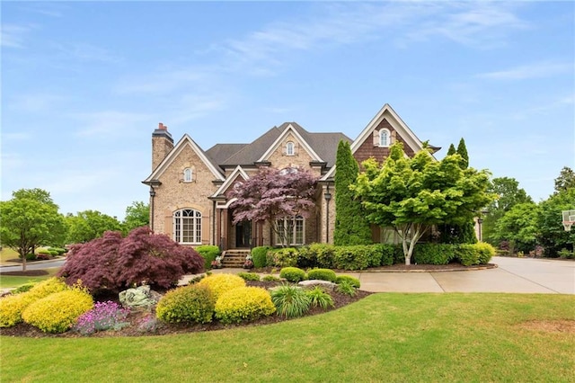 traditional-style house featuring a chimney and a front yard