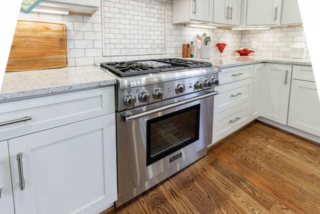 kitchen featuring dark wood-type flooring, stainless steel range, and tasteful backsplash