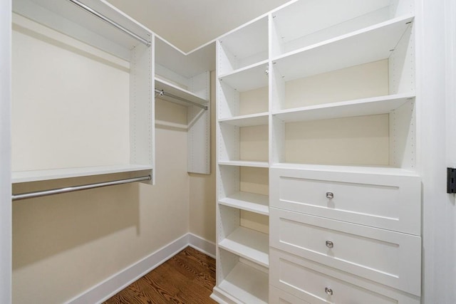 spacious closet with dark wood-style floors