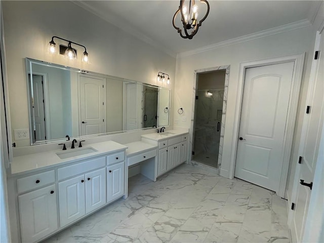 bathroom with an inviting chandelier, ornamental molding, tile floors, and a shower with door