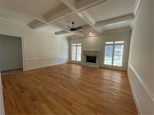 unfurnished living room with coffered ceiling, beam ceiling, ceiling fan, and light hardwood / wood-style flooring