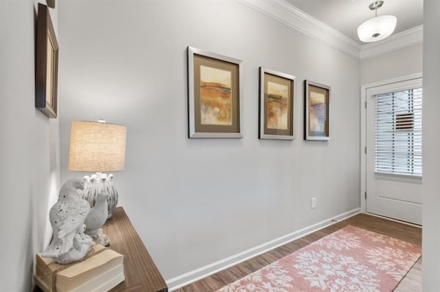 foyer entrance with hardwood / wood-style flooring and ornamental molding