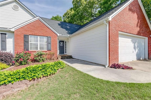 ranch-style home featuring brick siding, driveway, roof with shingles, and a garage