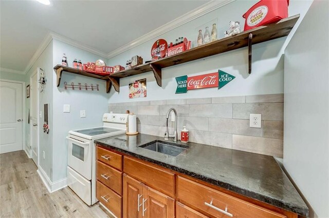 kitchen featuring crown molding, open shelves, a sink, electric stove, and backsplash