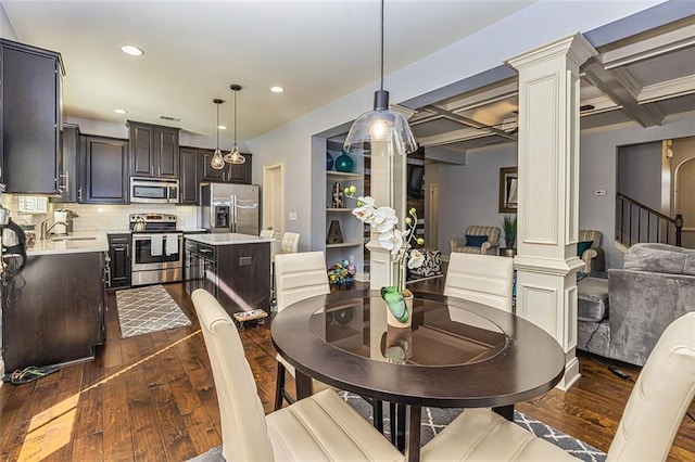 5008 Whiteoak Pointe SE Unit 15, Smyrna, GA 30080 - dining space with ornate columns, dark wood finished floors, beam ceiling, coffered ceiling, and recessed lighting