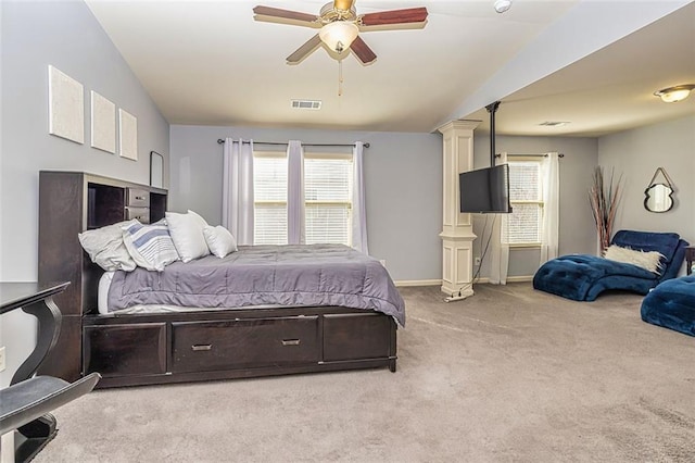 5008 Whiteoak Pointe SE Unit 15, Smyrna, GA 30080 - bedroom featuring light colored carpet, decorative columns, baseboards, and ceiling fan
