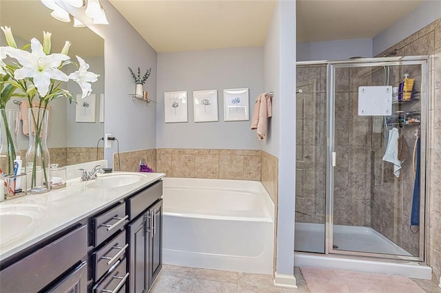 5008 Whiteoak Pointe SE Unit 15, Smyrna, GA 30080 - full bathroom featuring a garden tub, double vanity, a shower stall, and tile patterned floors