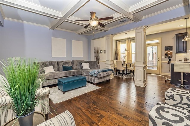 5008 Whiteoak Pointe SE Unit 15, Smyrna, GA 30080 - living room featuring decorative columns, dark wood-style floors, beam ceiling, ornamental molding, and ceiling fan
