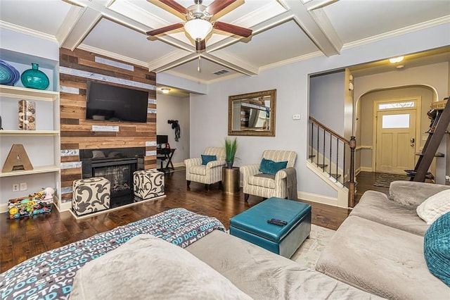 5008 Whiteoak Pointe SE Unit 15, Smyrna, GA 30080 - living area featuring coffered ceiling, ceiling fan, baseboards, wood finished floors, and stairway