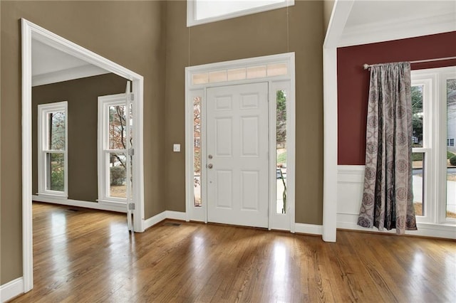 foyer with hardwood / wood-style floors, ornamental molding, and a healthy amount of sunlight