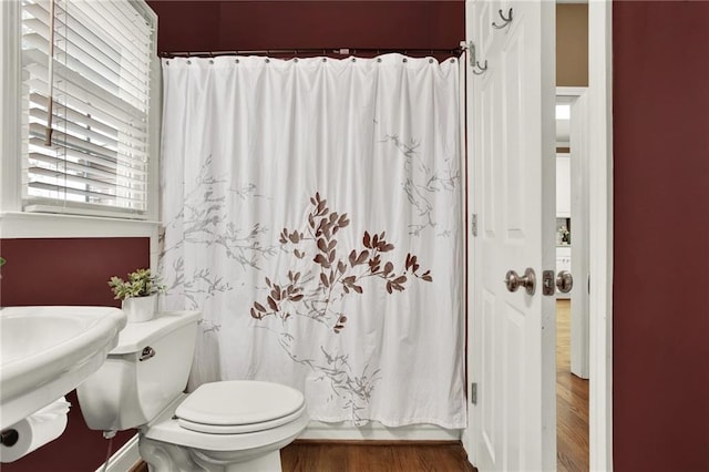 bathroom with wood-type flooring, sink, and toilet