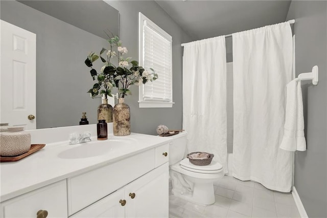 full bathroom with tile patterned floors, vanity, toilet, and shower / tub combo with curtain