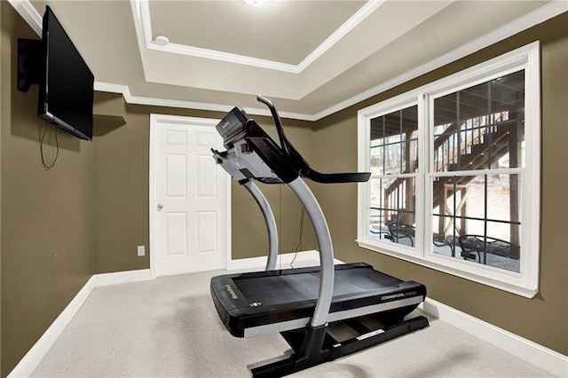 exercise room with crown molding, carpet flooring, and a tray ceiling