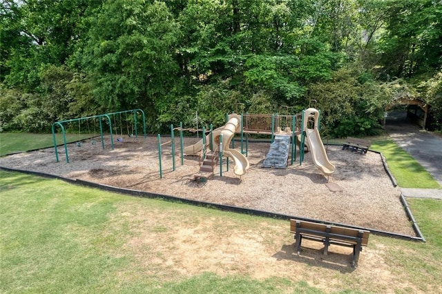 view of playground featuring a lawn