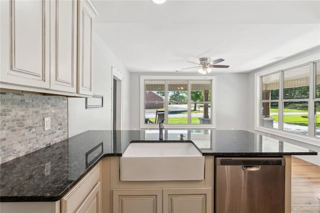 1382 6th Ave, Auburn, GA 30011 - kitchen with dishwasher, a sink, a ceiling fan, backsplash, and dark stone counters