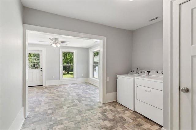 1382 6th Ave, Auburn, GA 30011 - laundry area featuring washer and clothes dryer, a ceiling fan, baseboards, and brick patterned flooring