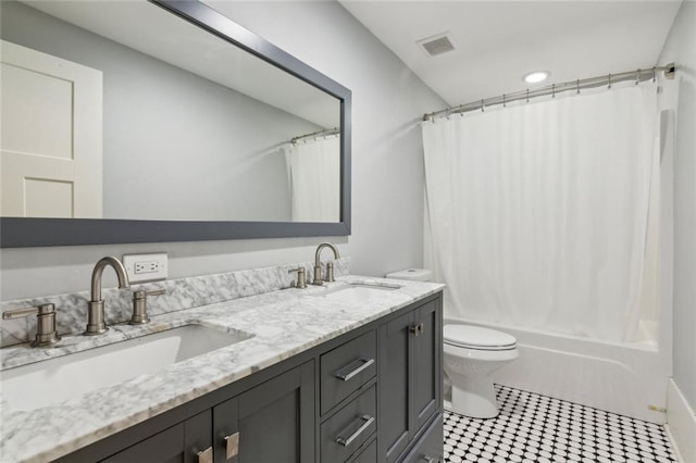 1382 6th Ave, Auburn, GA 30011 - full bath featuring toilet, double vanity, and shower / tub combo with curtain