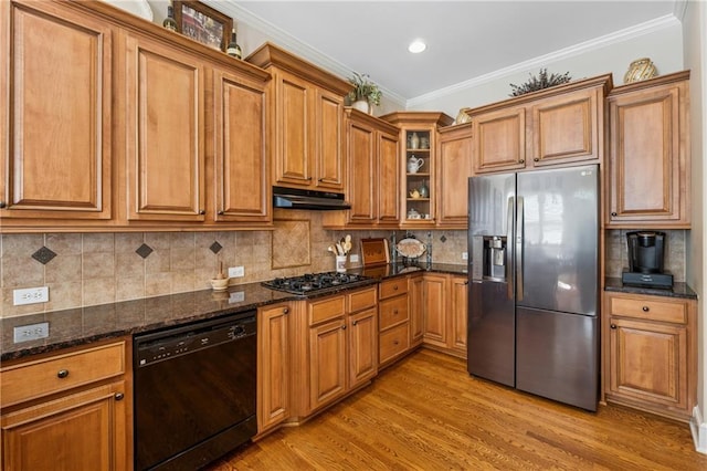 11715 Dancliff Trce, Alpharetta, GA 30009 - kitchen with stainless steel fridge with ice dispenser, black dishwasher, gas cooktop, brown cabinetry, and ornamental molding