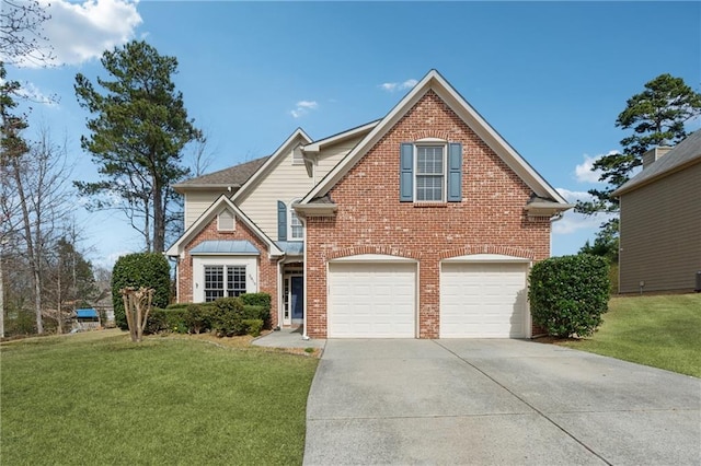 traditional-style house featuring brick siding, a garage, concrete driveway, and a front lawn