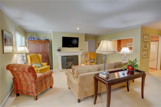 living area featuring a premium fireplace, light colored carpet, baseboards, and ornamental molding