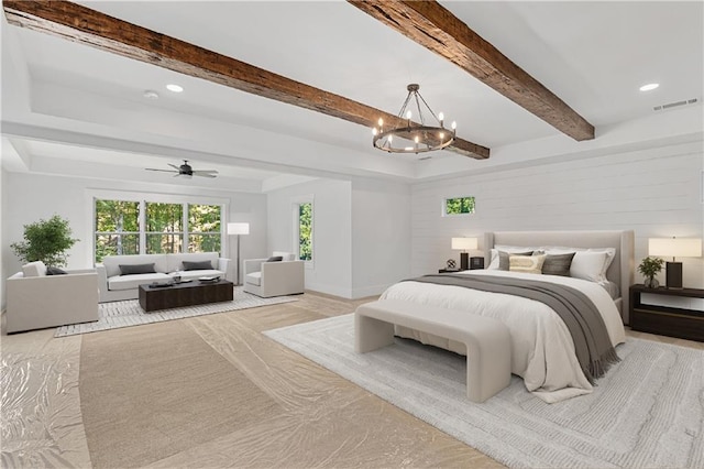 bedroom featuring an inviting chandelier and beamed ceiling