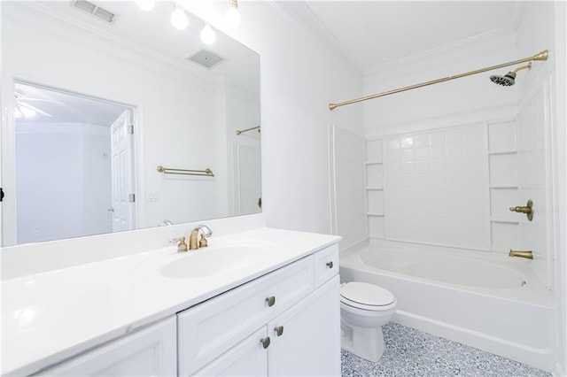 full bathroom featuring vanity,  shower combination, crown molding, ceiling fan, and toilet