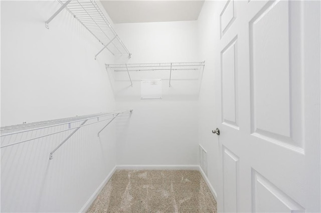 spacious closet featuring light colored carpet