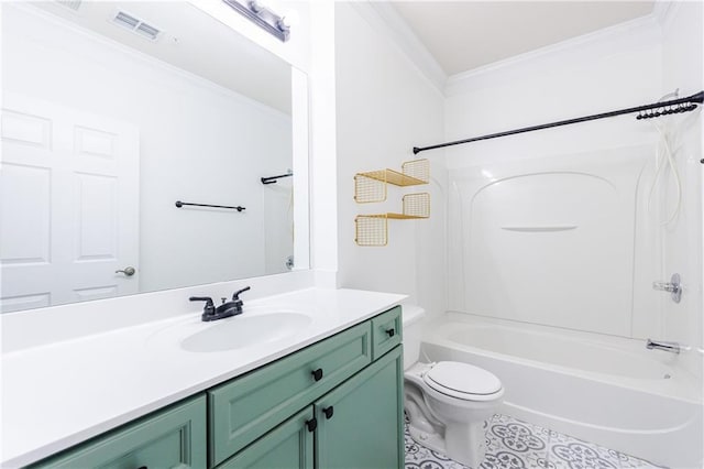 full bathroom featuring vanity, toilet, shower / bath combination, and crown molding