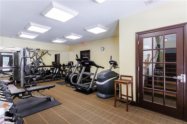 workout area with carpet floors