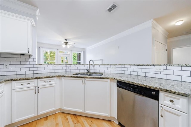 kitchen with stone counters, white cabinets, sink, stainless steel dishwasher, and ceiling fan