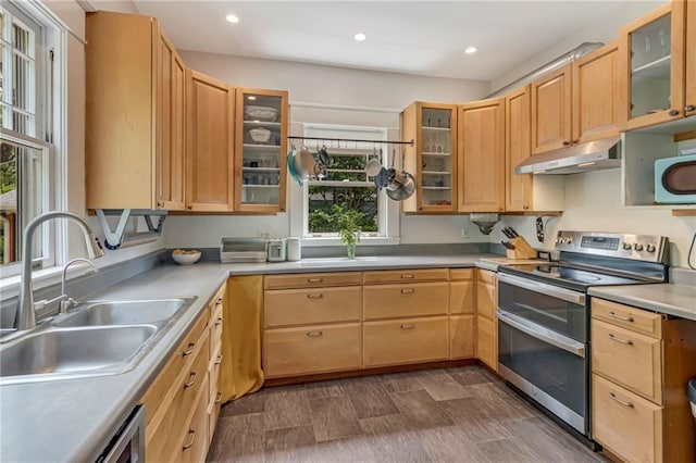 222 Winnona Dr, Decatur, GA 30030 - kitchen featuring range with two ovens, under cabinet range hood, plenty of natural light, light countertops, and recessed lighting