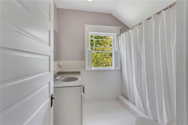 222 Winnona Dr, Decatur, GA 30030 - bathroom featuring vanity, tile patterned floors, a shower with curtain, and lofted ceiling