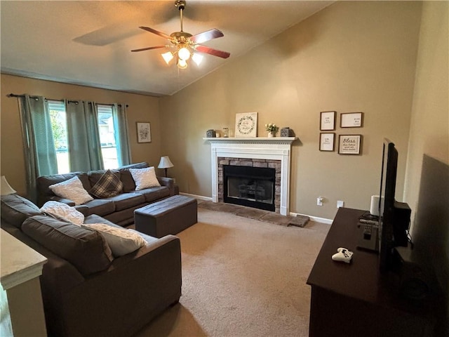 14 Green Gable Pt SW, Cartersville, GA 30120 - living area featuring lofted ceiling, ceiling fan, a fireplace, and carpet floors