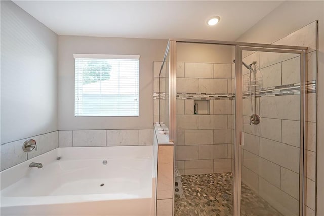 686 Stark St, Lawrenceville, GA 30046 - full bath featuring a bath, a stall shower, and recessed lighting