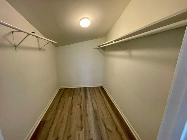 spacious closet with dark hardwood / wood-style floors and vaulted ceiling