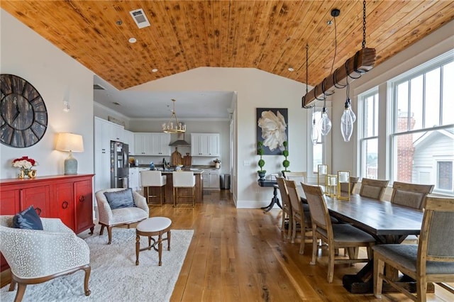 dining room featuring wooden ceiling, visible vents, vaulted ceiling, and wood finished floors