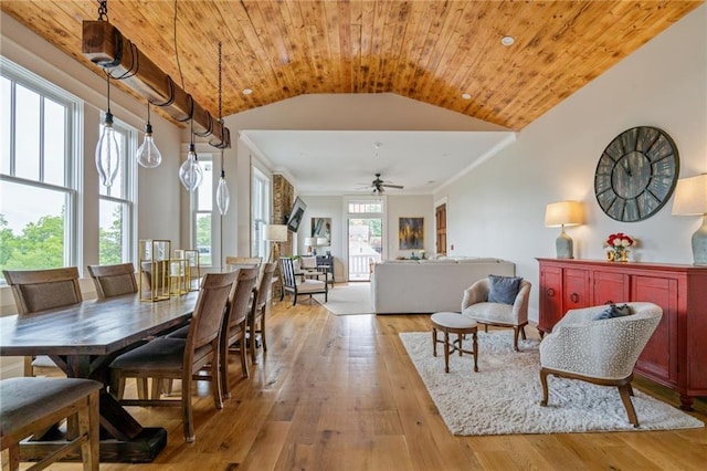 dining space featuring ceiling fan, high vaulted ceiling, light wood-style flooring, wood ceiling, and ornamental molding