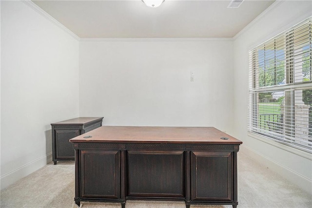 office area with baseboards, light colored carpet, and ornamental molding
