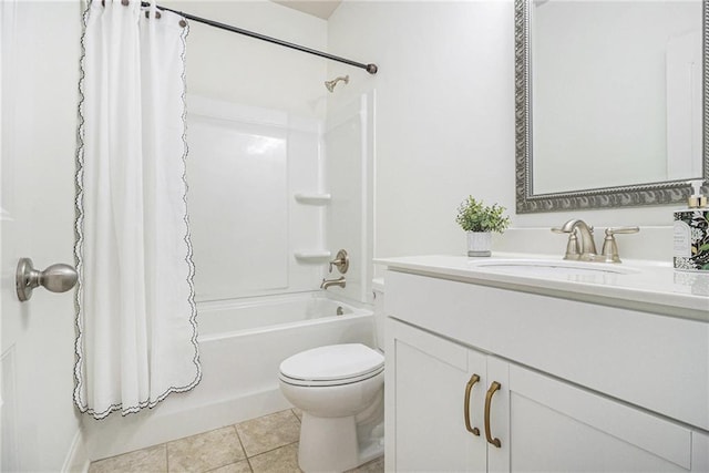 bathroom featuring vanity, tile patterned floors, shower / bath combination with curtain, and toilet
