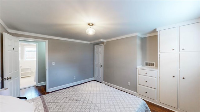 bedroom featuring a closet, crown molding, and dark hardwood / wood-style flooring