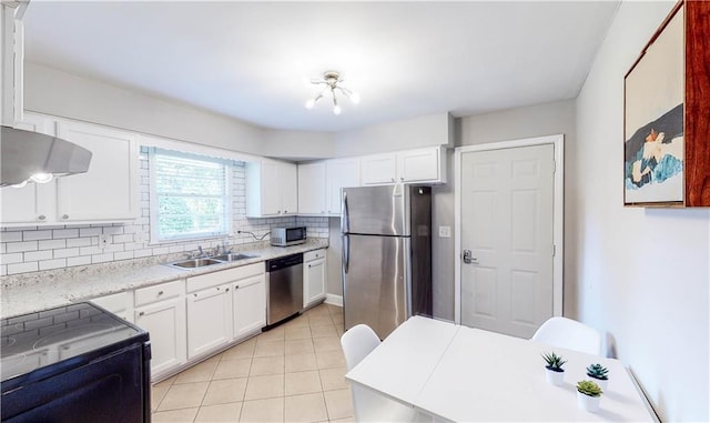 kitchen featuring stainless steel appliances, tasteful backsplash, sink, and white cabinets