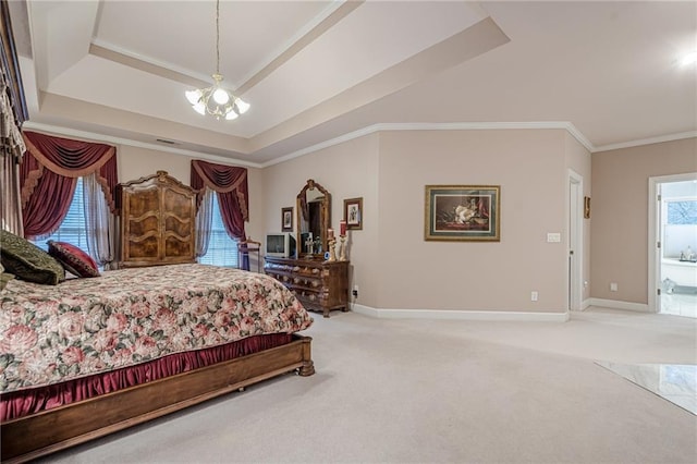 bedroom with light carpet, baseboards, crown molding, and a tray ceiling