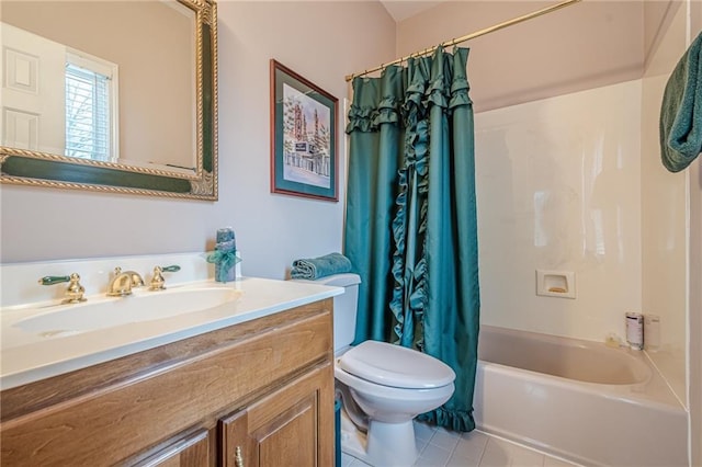 full bathroom featuring tile patterned floors, shower / tub combo, toilet, and vanity